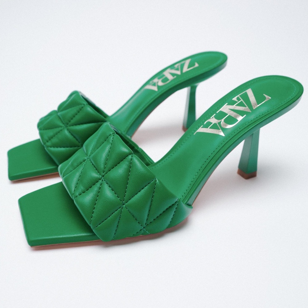 Zara Green Quilted Heeled Sandals - never worn! NEW WITH TAGS